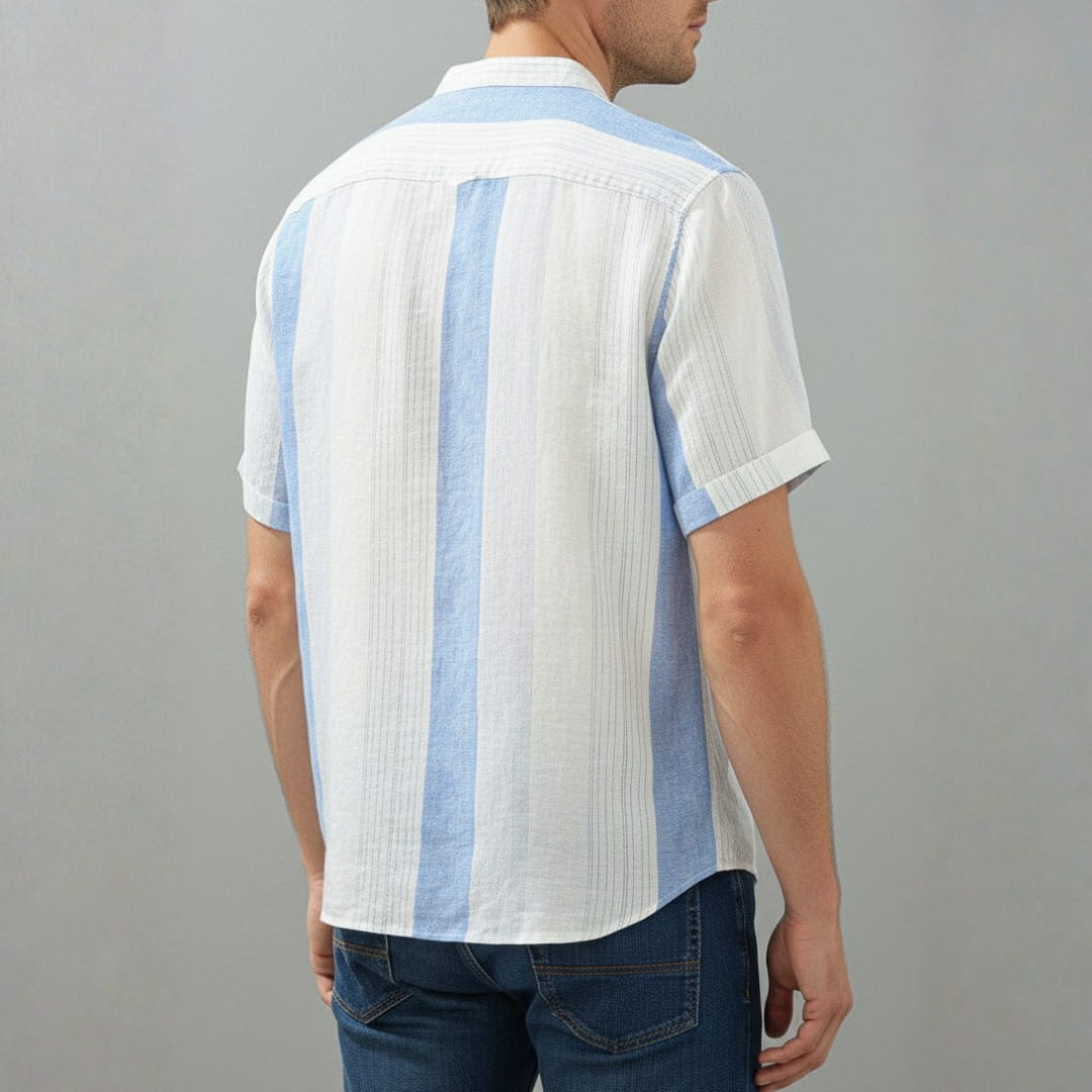 Albert Cotton Linen Henley Shirt — Striped Relaxed Fit Casual Top