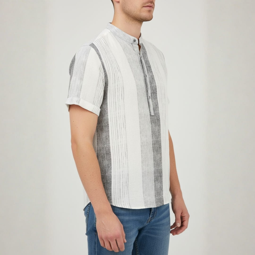 Albert Cotton Linen Henley Shirt — Striped Relaxed Fit Casual Top