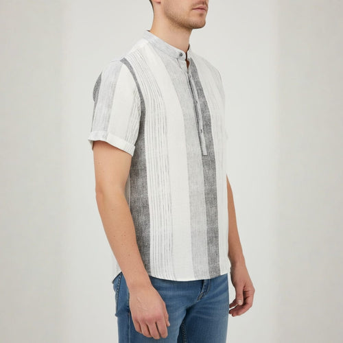 Albert Cotton Linen Henley Shirt — Striped Relaxed Fit Casual Top