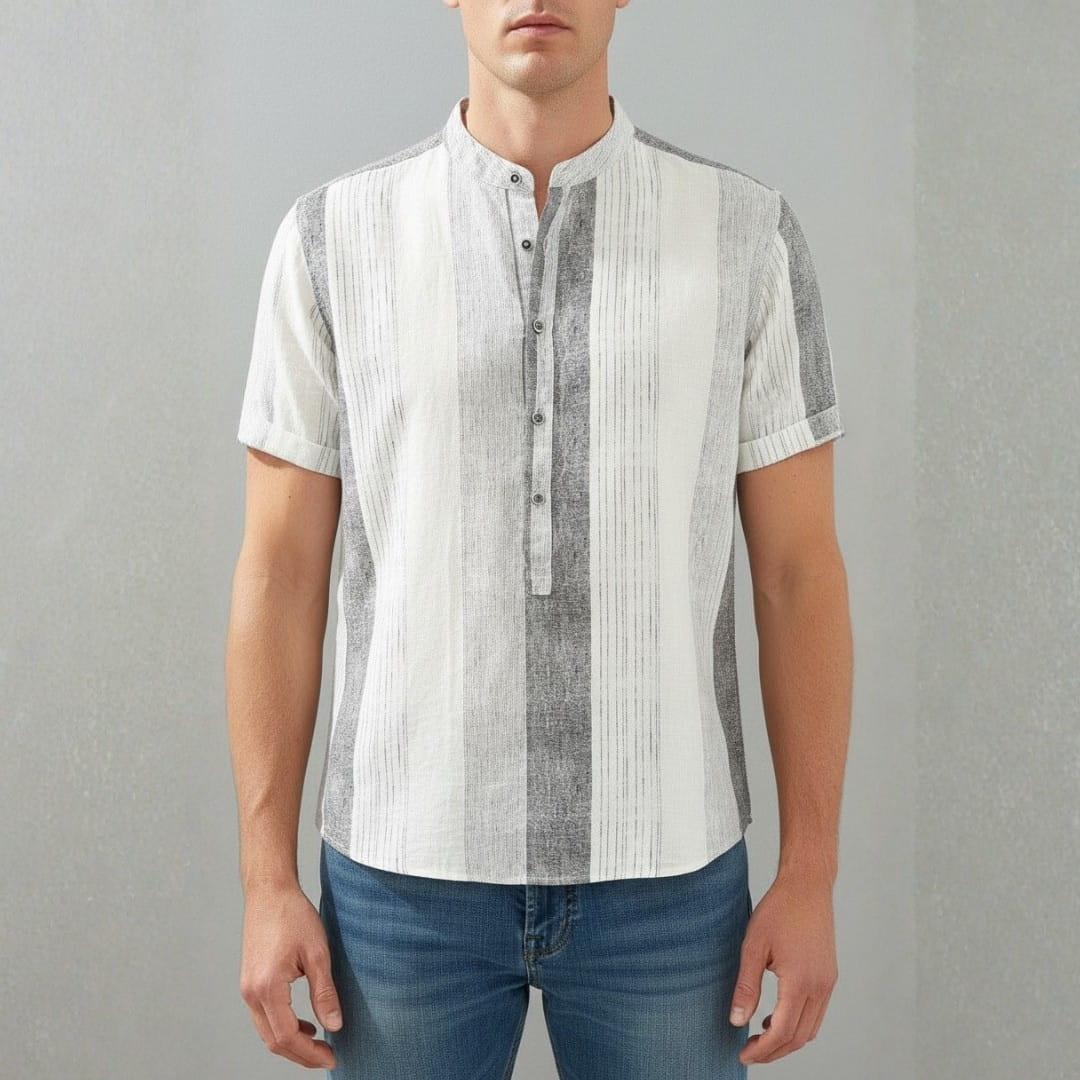 Albert Cotton Linen Henley Shirt — Striped Relaxed Fit Casual Top