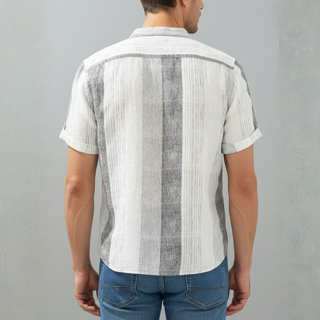 Albert Cotton Linen Henley Shirt — Striped Relaxed Fit Casual Top