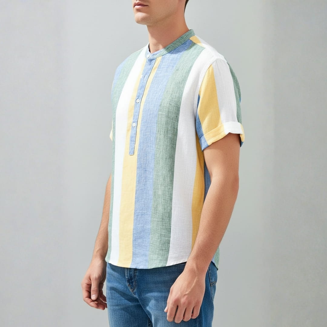 Albert Cotton Linen Henley Shirt — Striped Relaxed Fit Casual Top