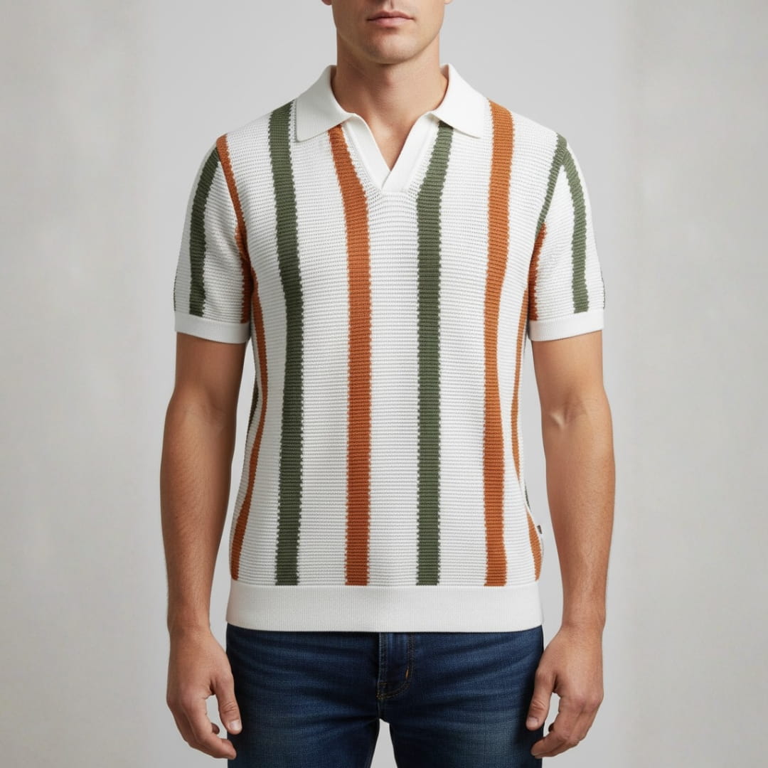 Riccardo Cotton Knit Polo Shirt — Textured Stripe Tailored Casual Top