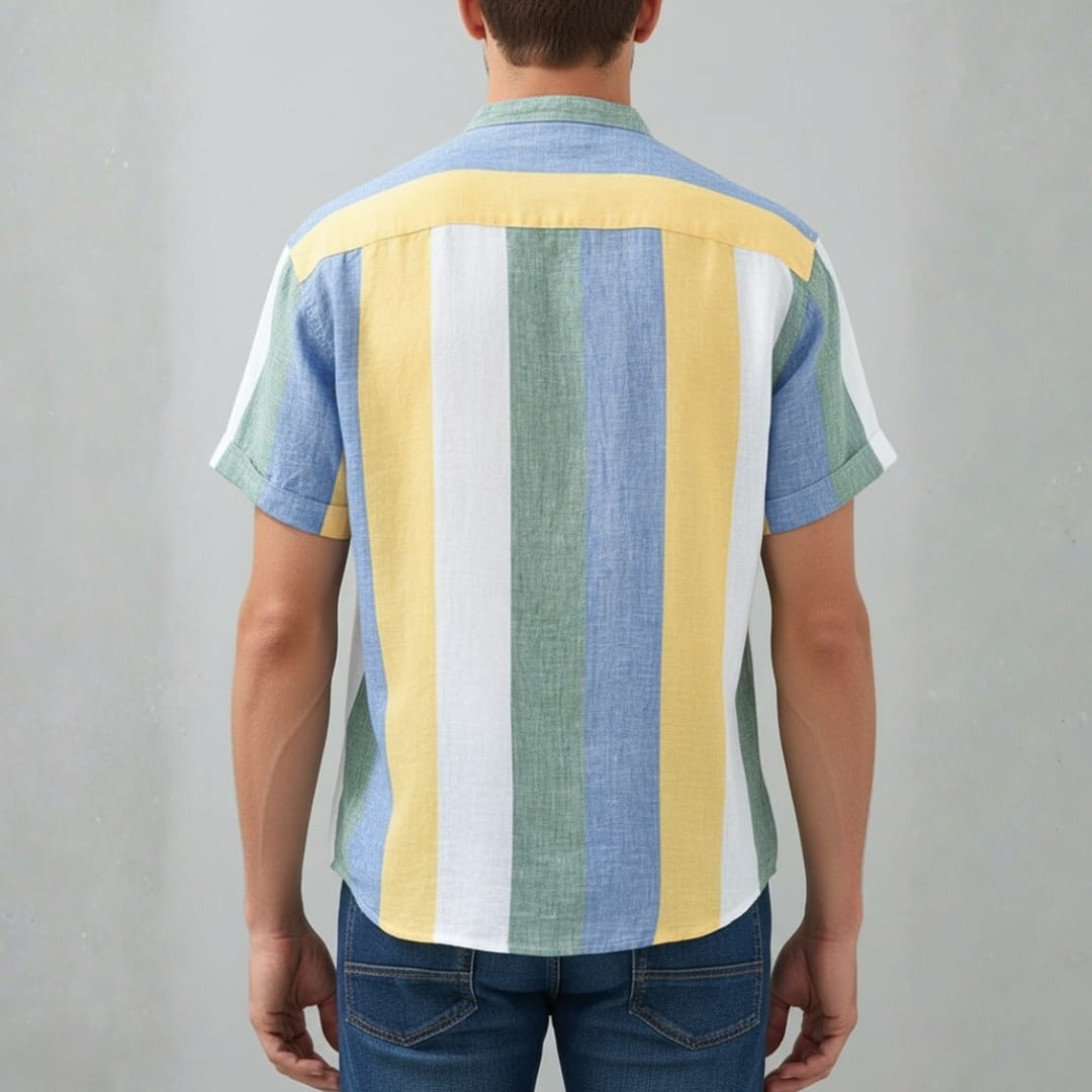 Albert Cotton Linen Henley Shirt — Striped Relaxed Fit Casual Top