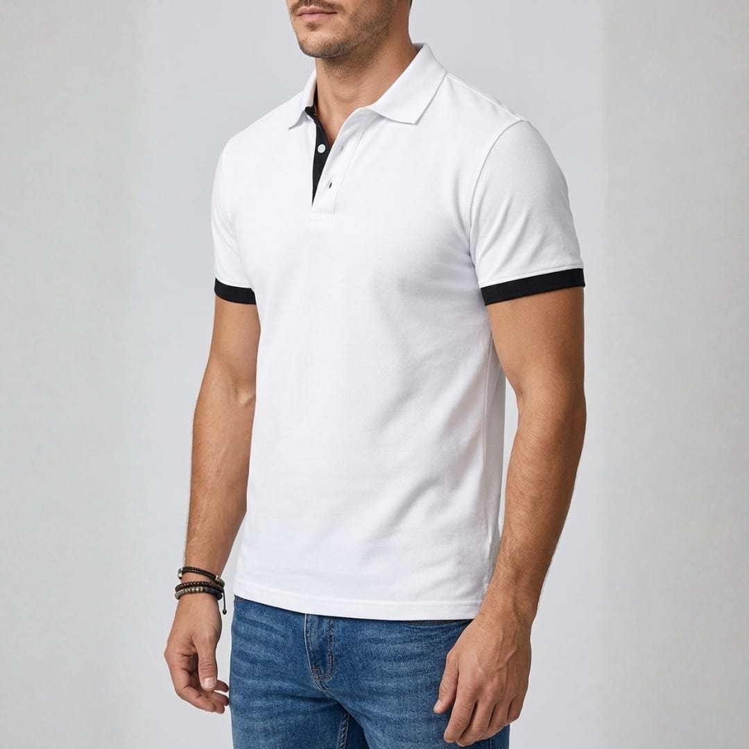Gabriele Cotton Blend Polo Shirt — Contrast Color Casual Top