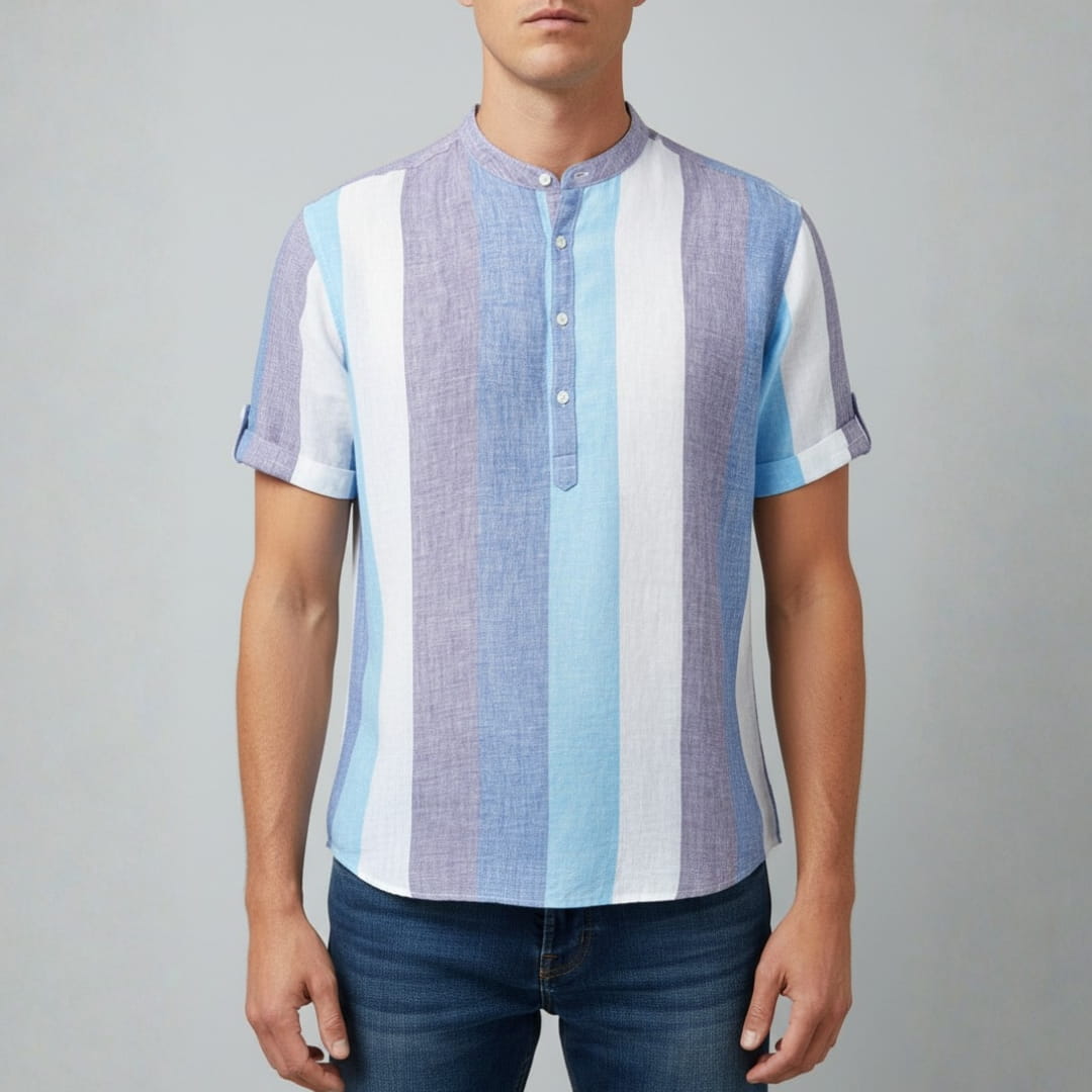 Albert Cotton Linen Henley Shirt — Striped Relaxed Fit Casual Top