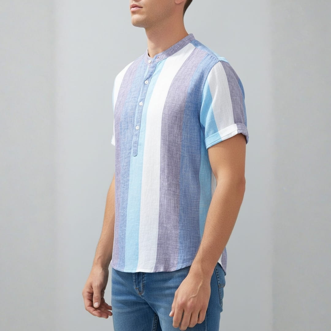 Albert Cotton Linen Henley Shirt — Striped Relaxed Fit Casual Top