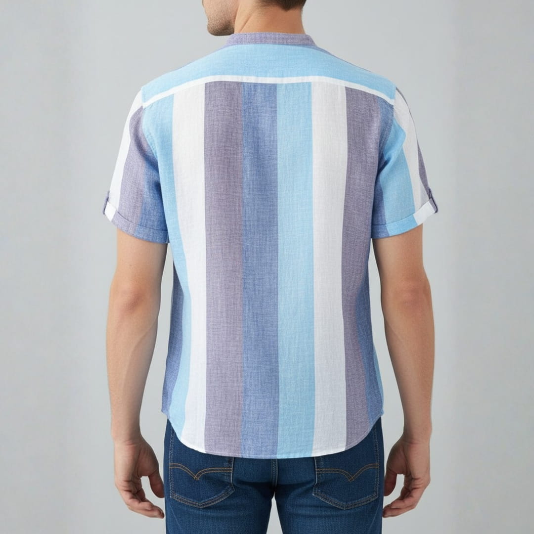 Albert Cotton Linen Henley Shirt — Striped Relaxed Fit Casual Top