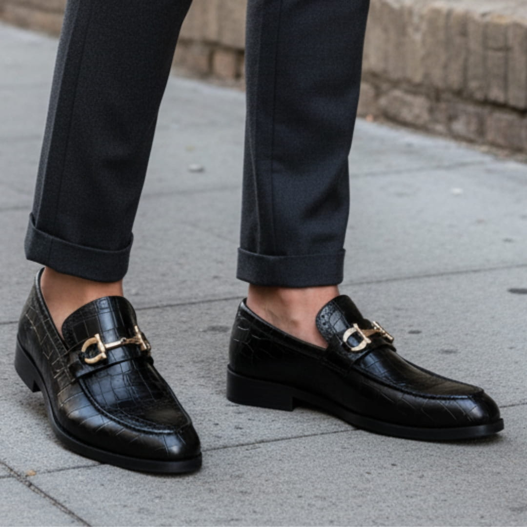 Domenico Genuine Leather Buckle Loafers — Polished Slip-On Casual Dress Shoes