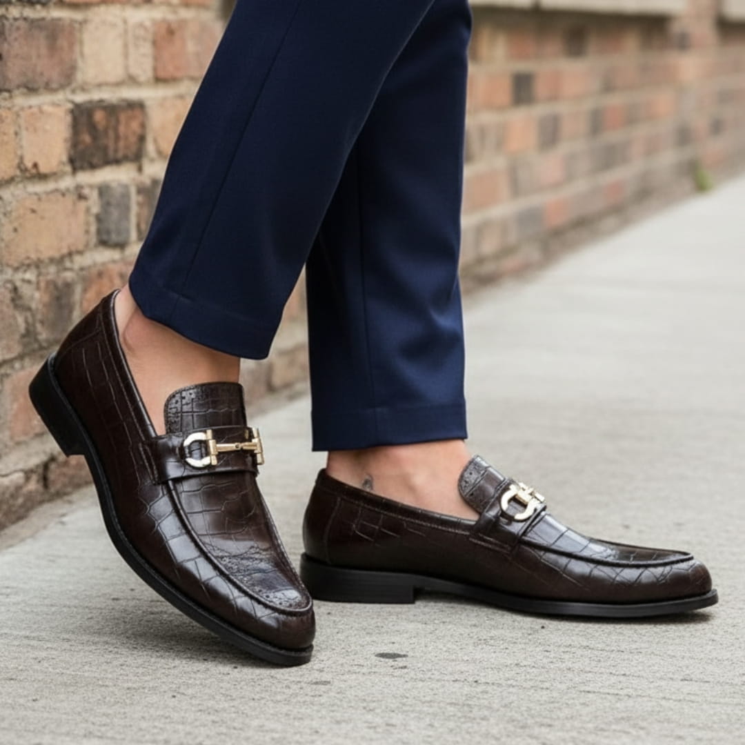 Domenico Genuine Leather Buckle Loafers — Polished Slip-On Casual Dress Shoes