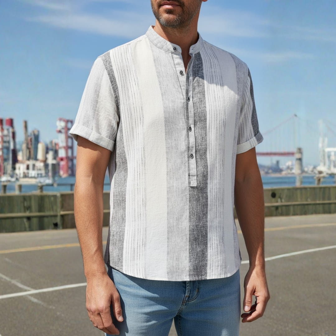 Albert Cotton Linen Henley Shirt — Striped Relaxed Fit Casual Top