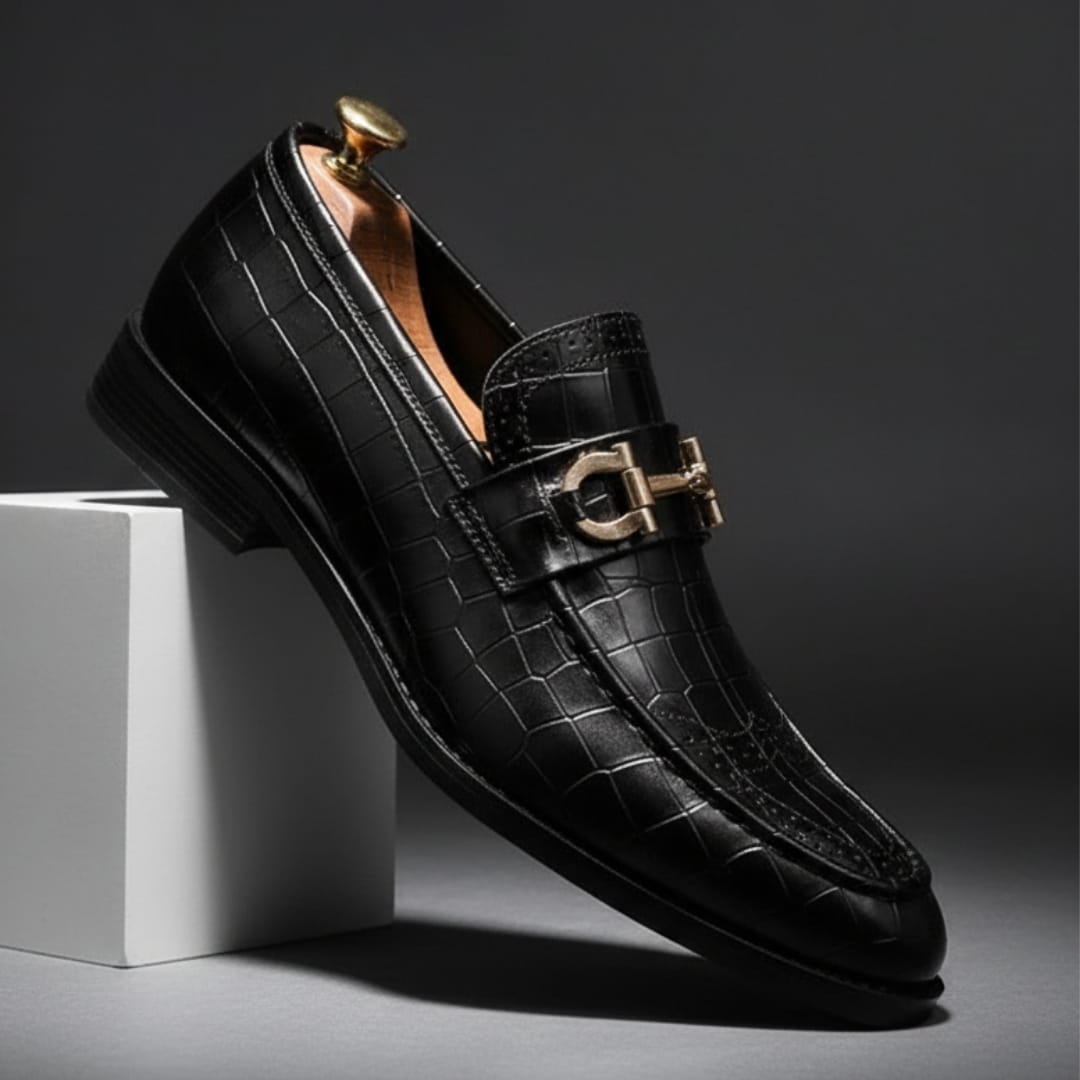 Domenico Genuine Leather Buckle Loafers — Polished Slip-On Casual Dress Shoes