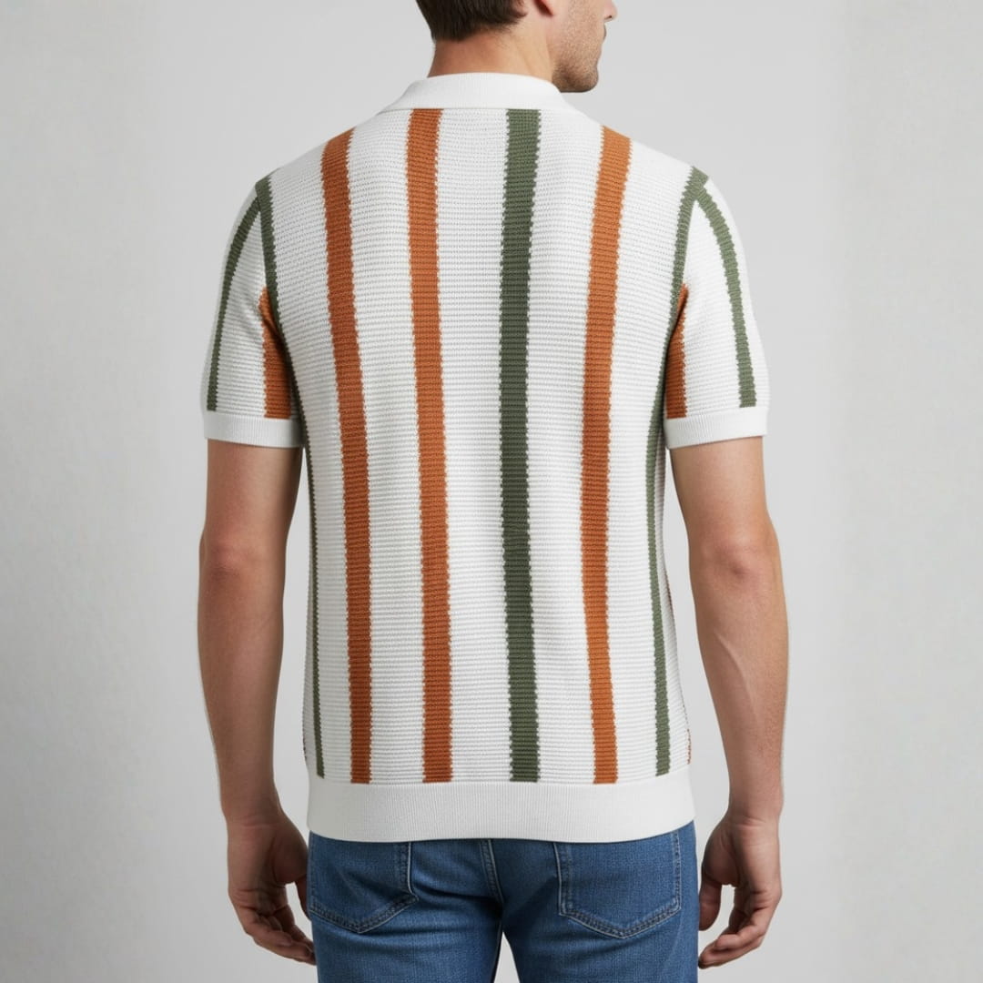 Riccardo Cotton Knit Polo Shirt — Textured Stripe Tailored Casual Top