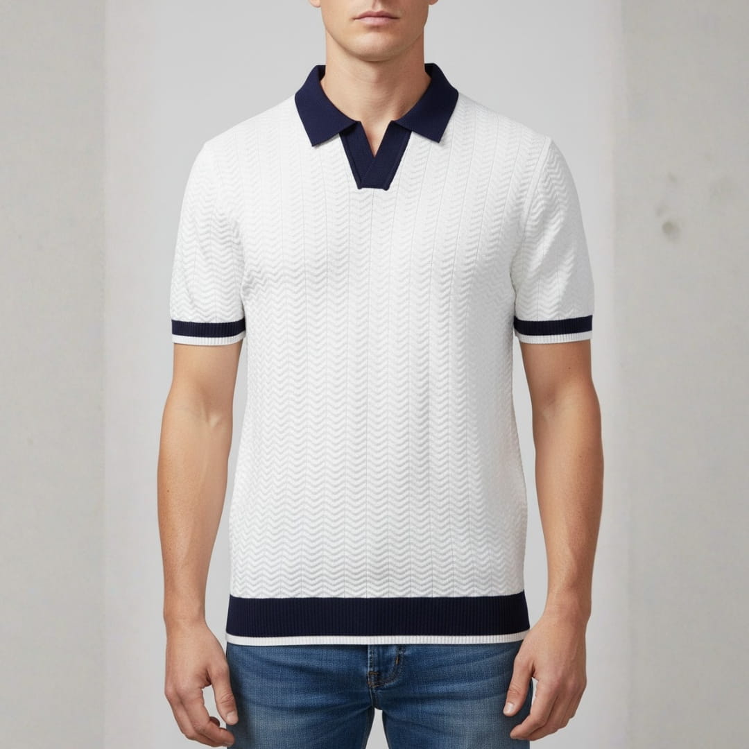 Jovani Textured Knit V-Neck Polo Shirt — V-Neck Tailored Casual Top