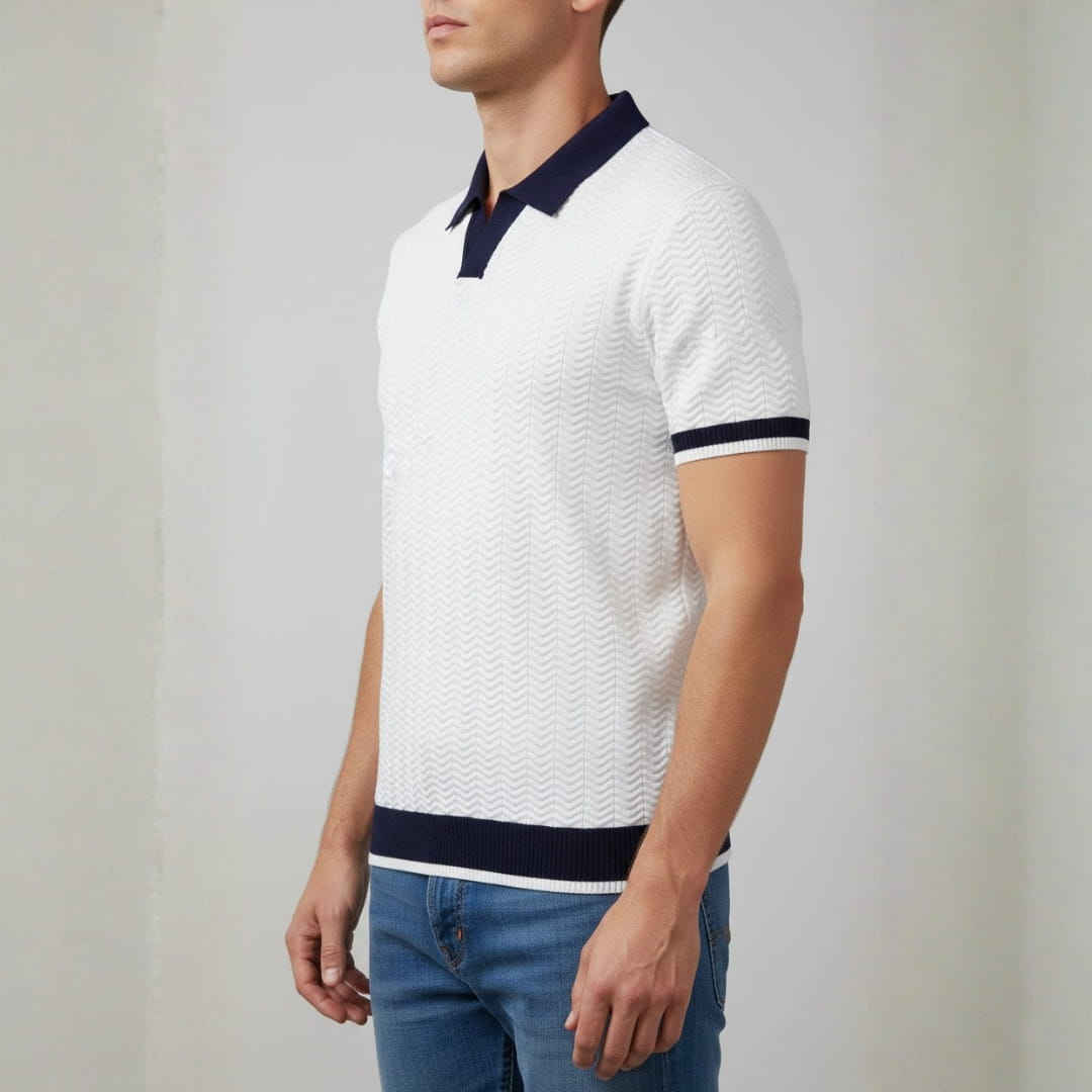 Jovani Textured Knit V-Neck Polo Shirt — V-Neck Tailored Casual Top