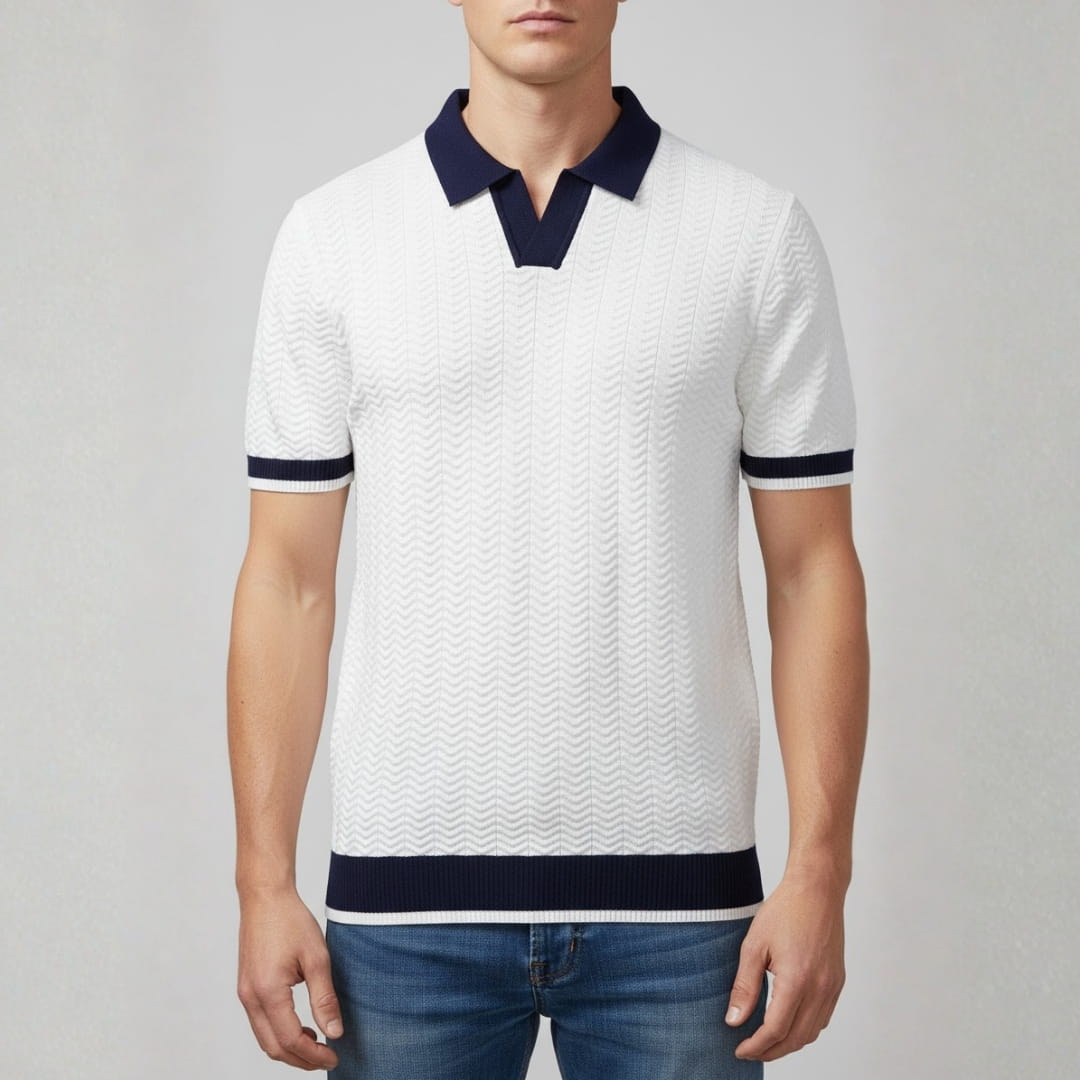 Jovani Textured Knit V-Neck Polo Shirt — V-Neck Tailored Casual Top