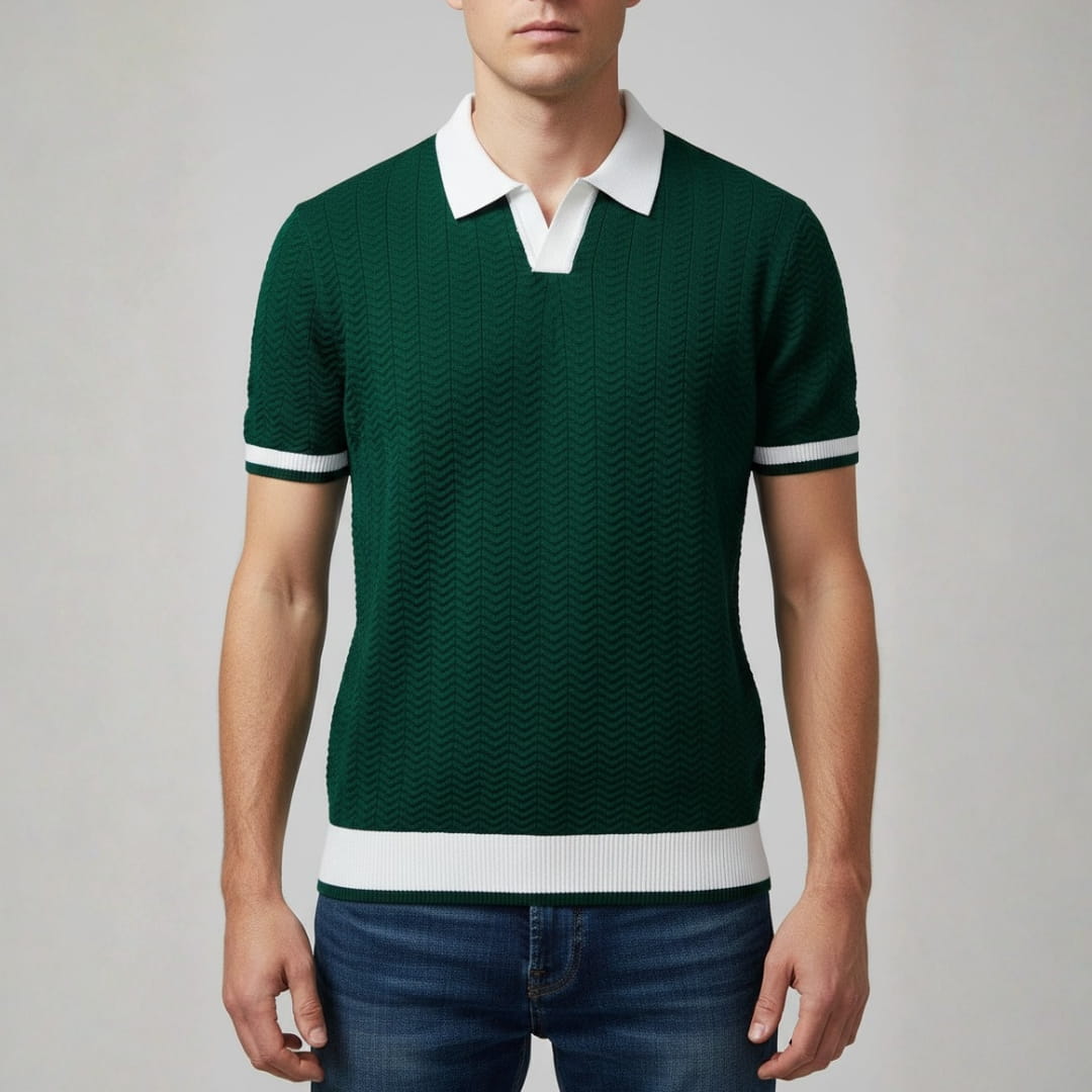 Jovani Textured Knit V-Neck Polo Shirt — V-Neck Tailored Casual Top