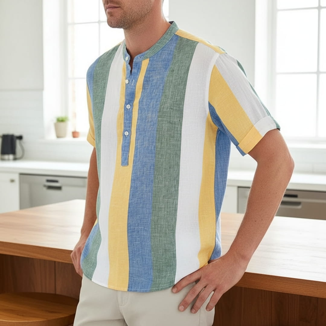 Albert Cotton Linen Henley Shirt — Striped Relaxed Fit Casual Top
