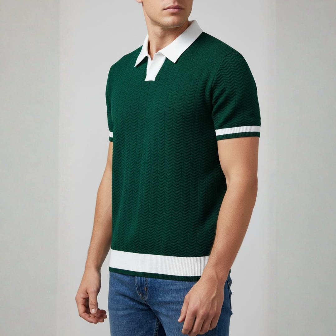 Jovani Textured Knit V-Neck Polo Shirt — V-Neck Tailored Casual Top