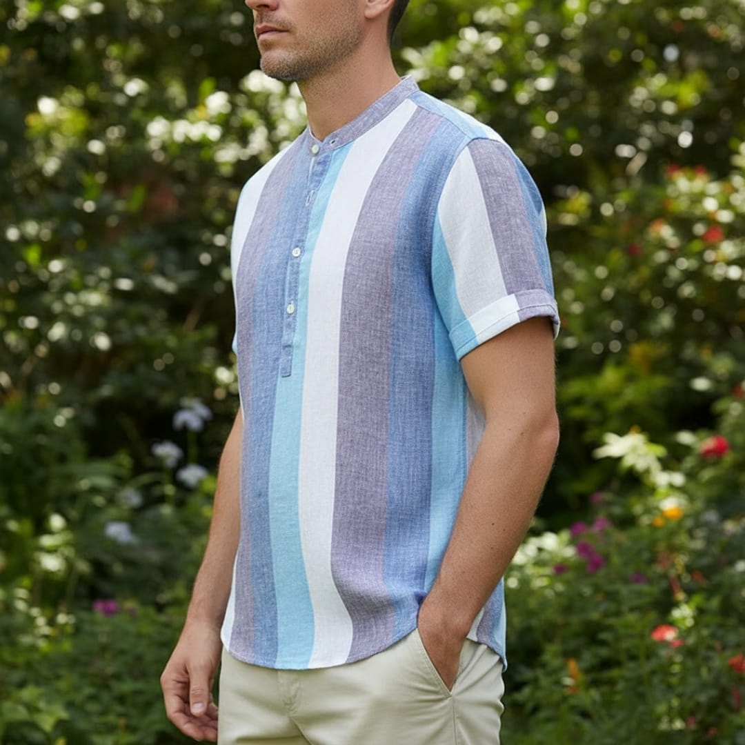 Albert Cotton Linen Henley Shirt — Striped Relaxed Fit Casual Top