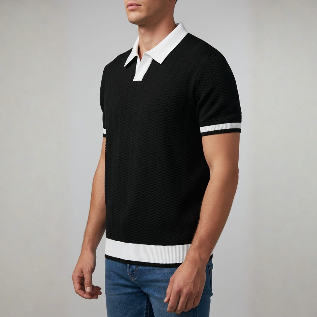 Jovani Textured Knit V-Neck Polo Shirt — V-Neck Tailored Casual Top