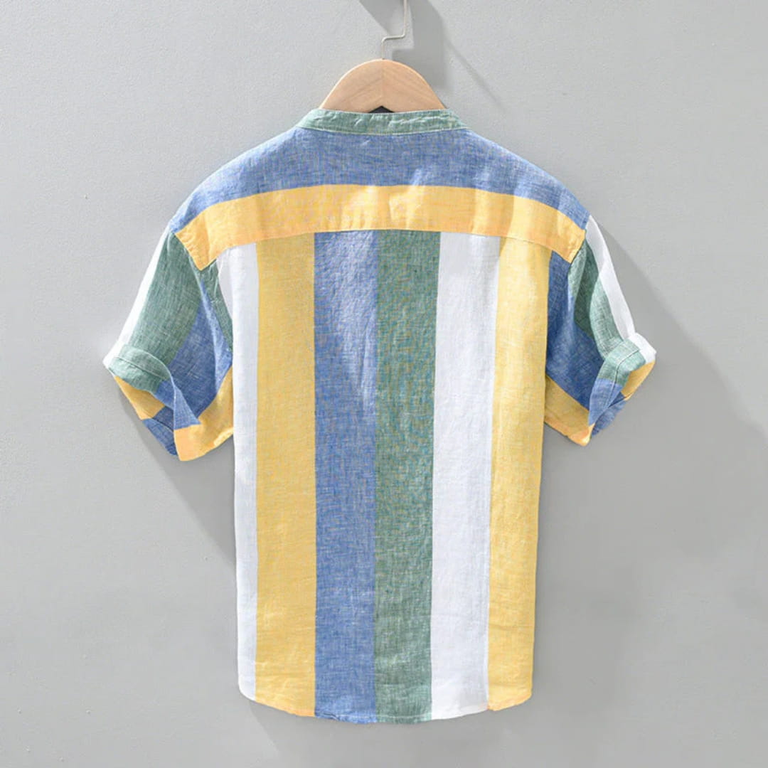 Albert Cotton Linen Henley Shirt — Striped Relaxed Fit Casual Top