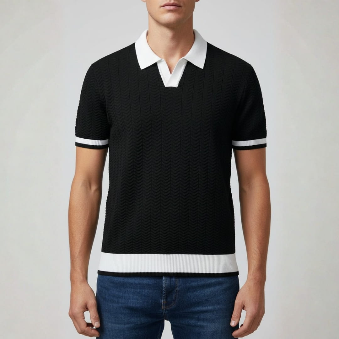 Jovani Textured Knit V-Neck Polo Shirt — V-Neck Tailored Casual Top