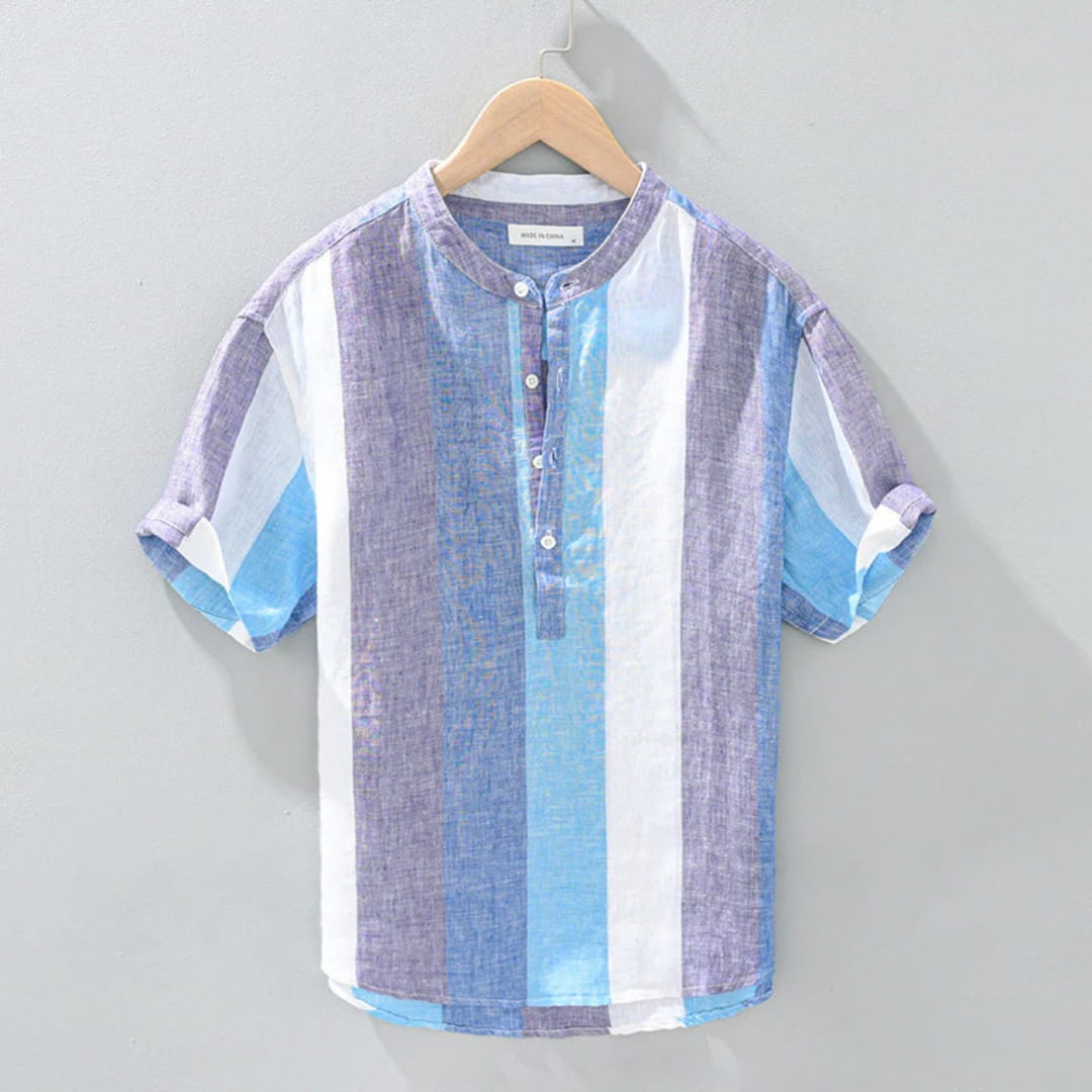 Albert Cotton Linen Henley Shirt — Striped Relaxed Fit Casual Top