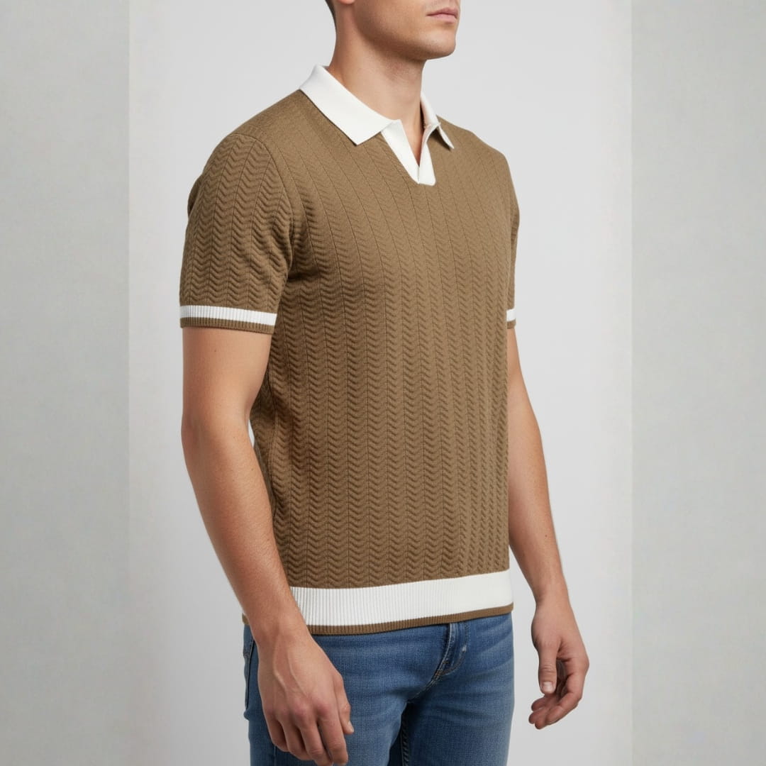 Jovani Textured Knit V-Neck Polo Shirt — V-Neck Tailored Casual Top