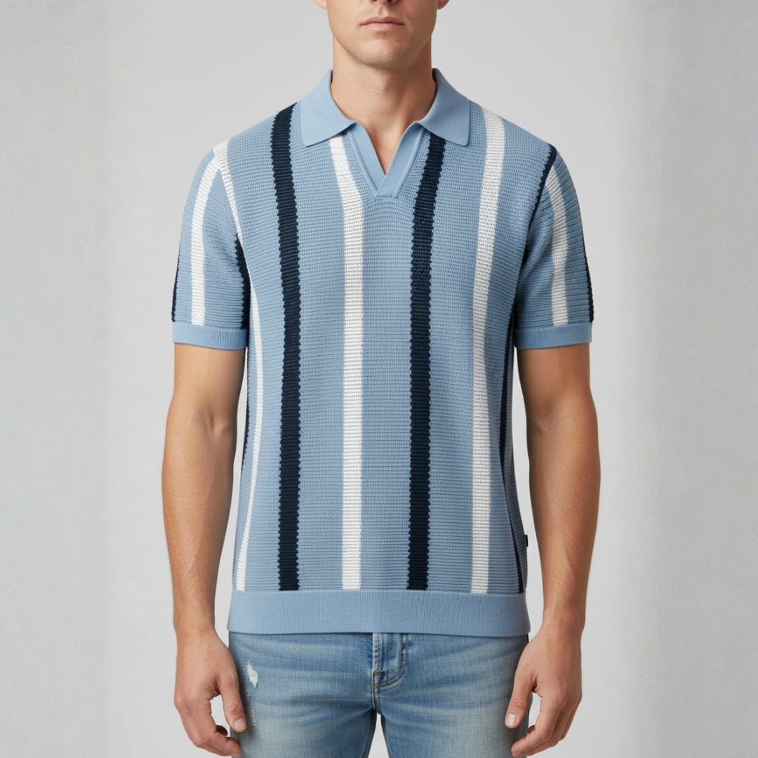 Riccardo Cotton Knit Polo Shirt — Textured Stripe Tailored Casual Top