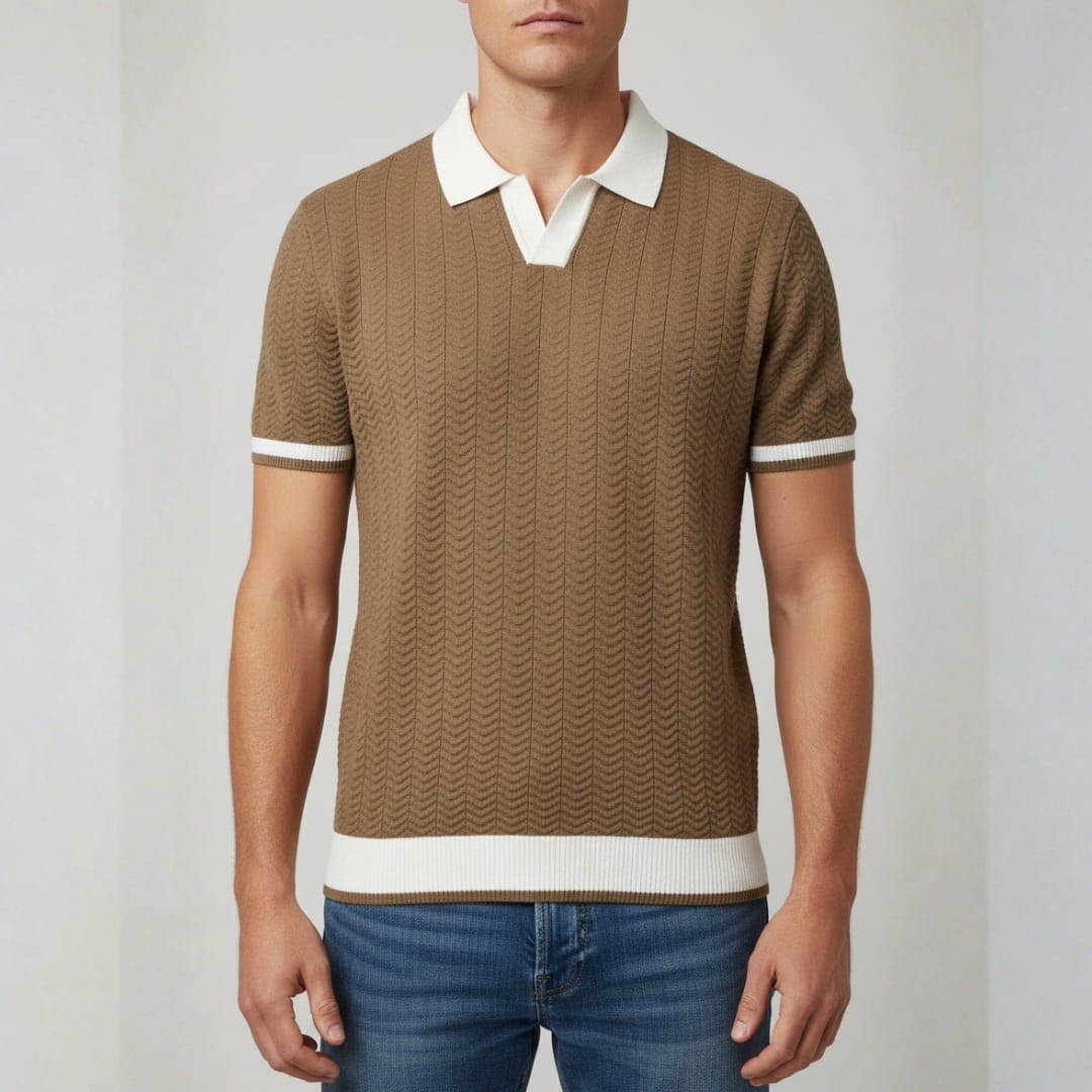 Jovani Textured Knit V-Neck Polo Shirt — V-Neck Tailored Casual Top