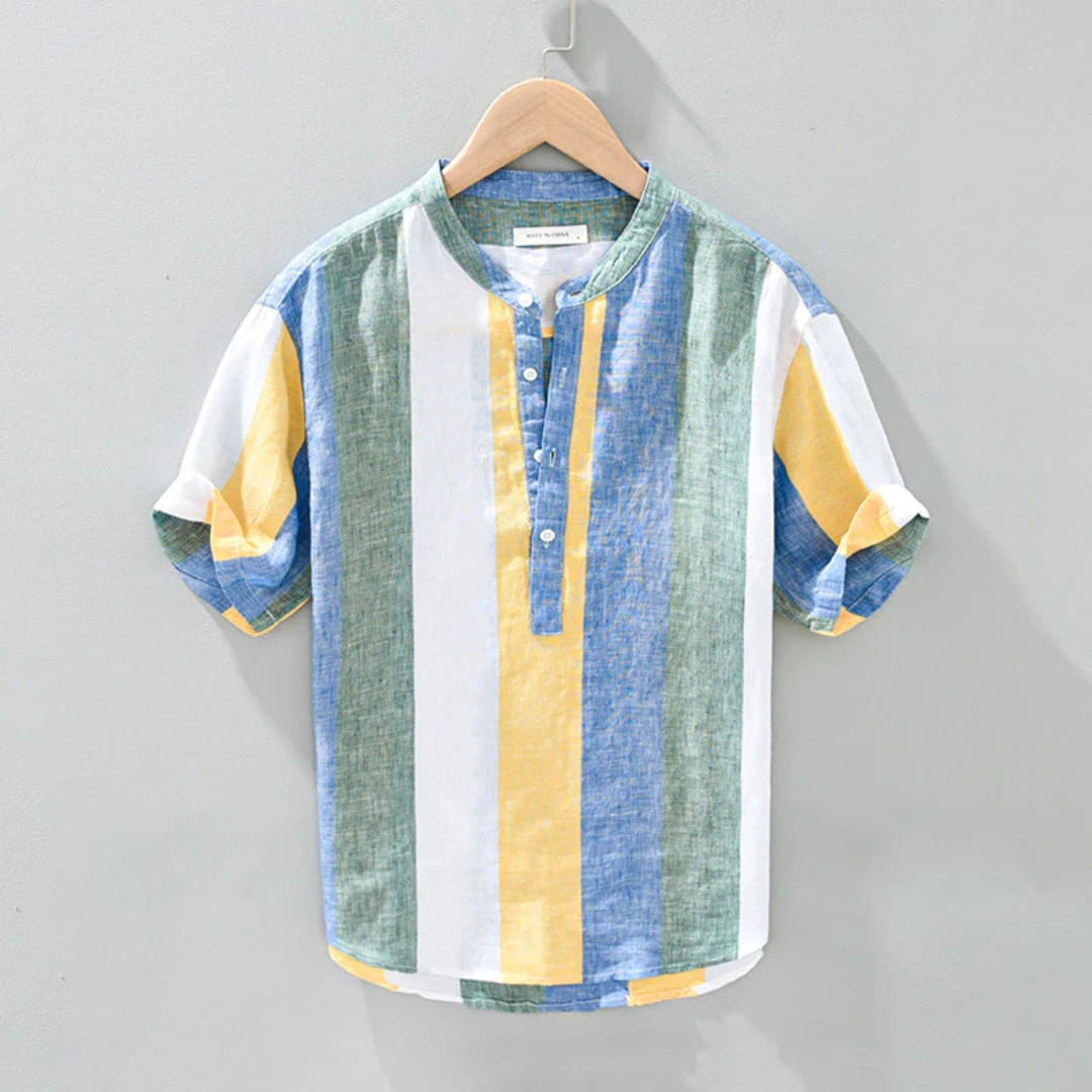 Albert Cotton Linen Henley Shirt — Striped Relaxed Fit Casual Top