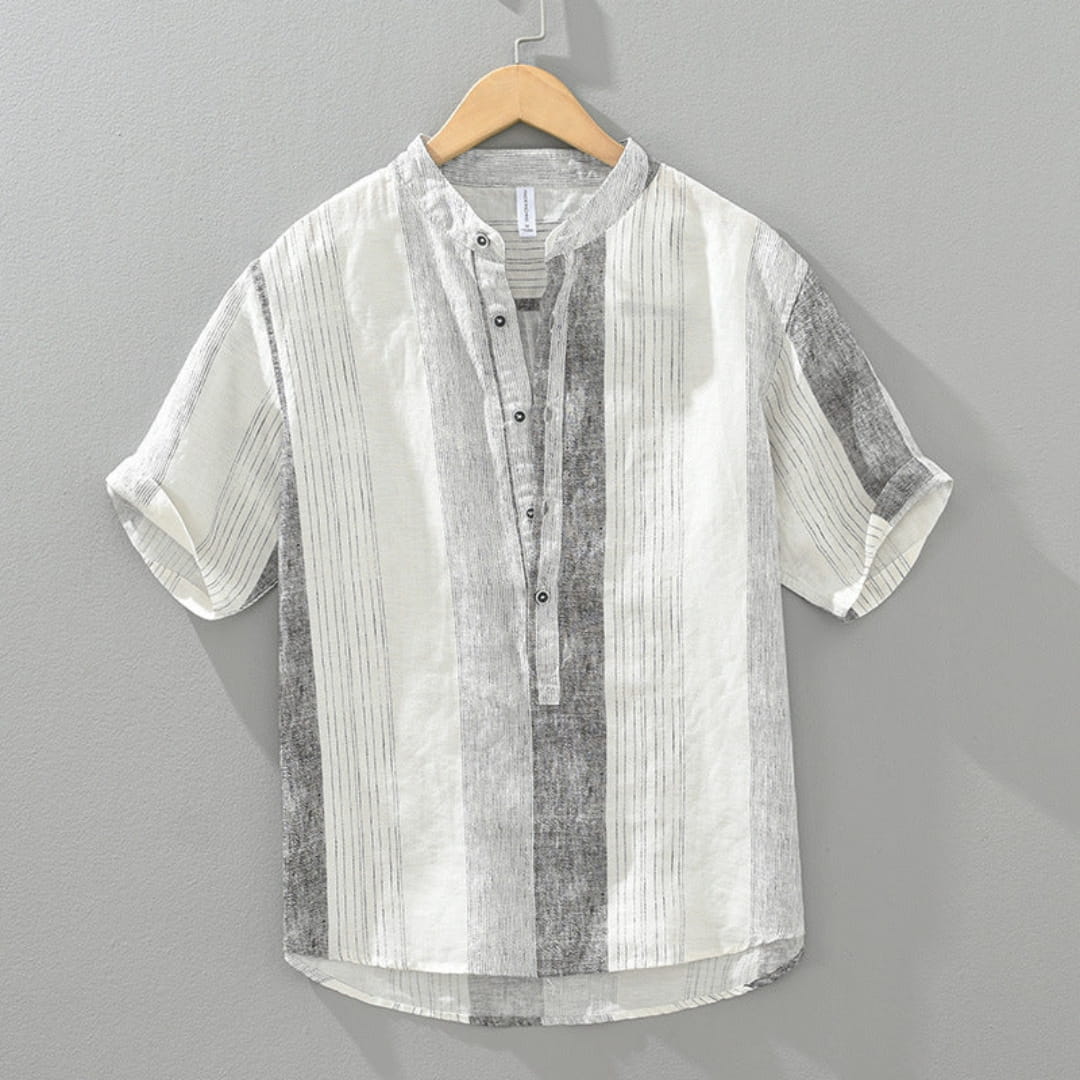 Albert Cotton Linen Henley Shirt — Striped Relaxed Fit Casual Top