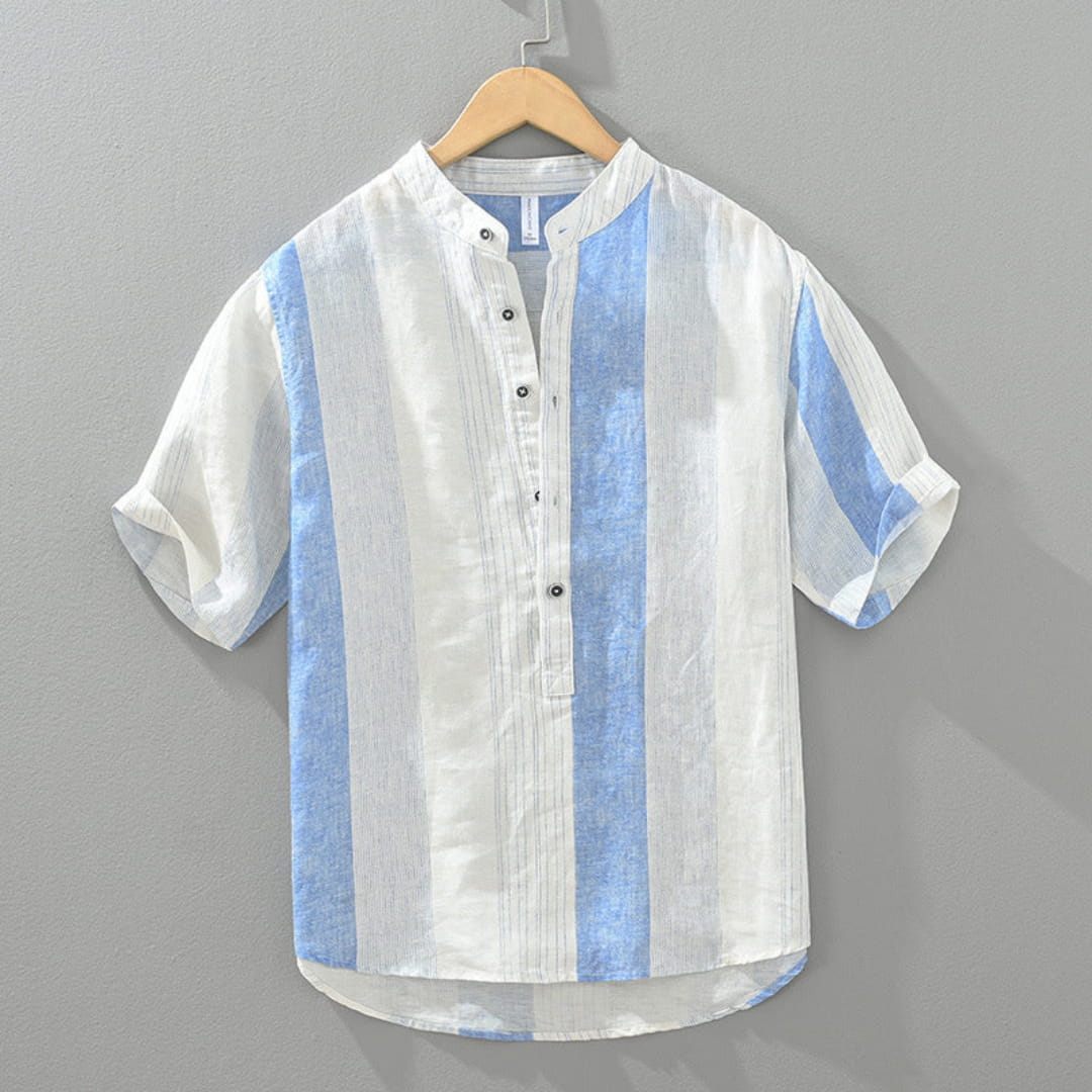 Albert Cotton Linen Henley Shirt — Striped Relaxed Fit Casual Top