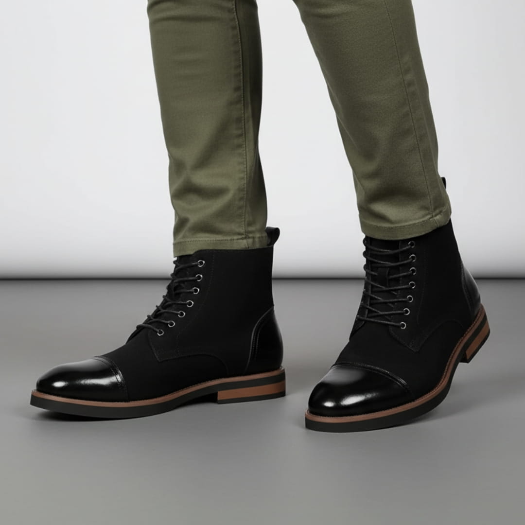 Vittorio Suede Cap-Toe Ankle Boots — Leather Panel Lace-Up Casual Dress Boots