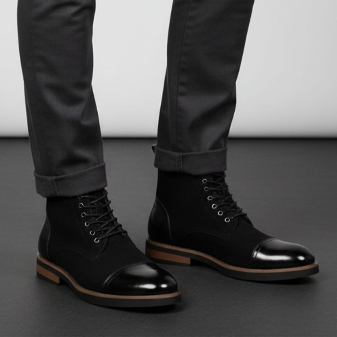 Vittorio Suede Cap-Toe Ankle Boots — Leather Panel Lace-Up Casual Dress Boots