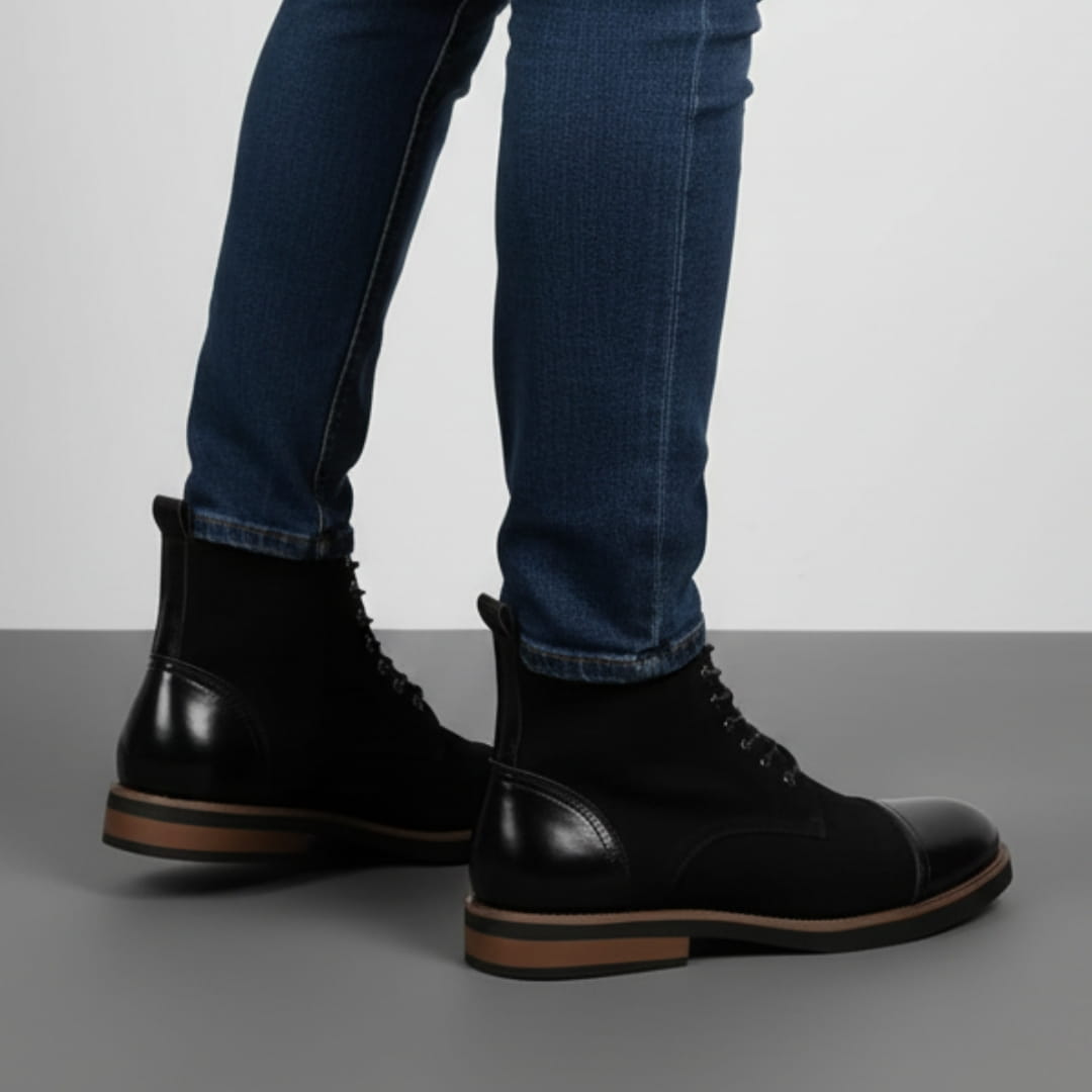 Vittorio Suede Cap-Toe Ankle Boots — Leather Panel Lace-Up Casual Dress Boots