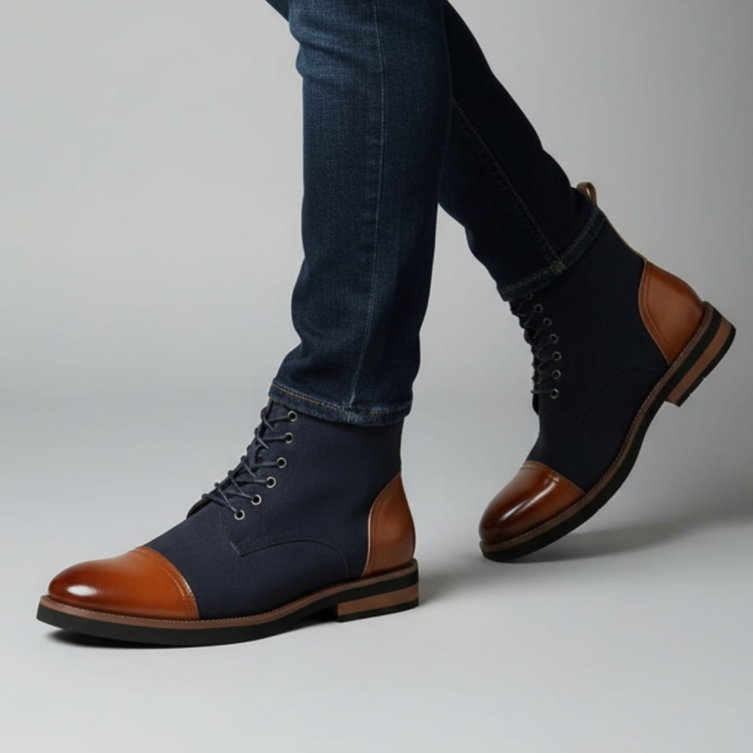 Vittorio Suede Cap-Toe Ankle Boots — Leather Panel Lace-Up Casual Dress Boots