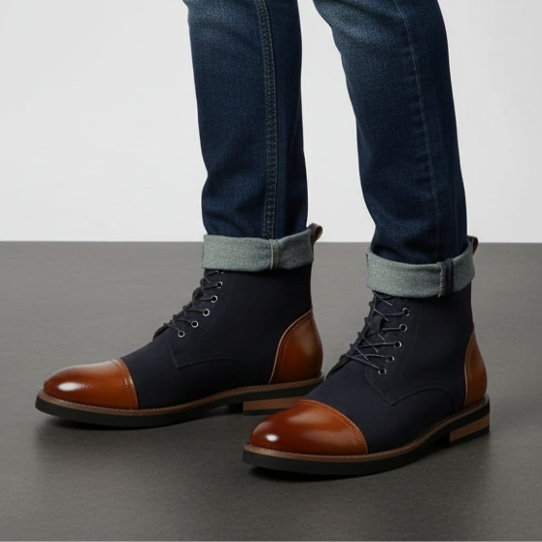 Vittorio Suede Cap-Toe Ankle Boots — Leather Panel Lace-Up Casual Dress Boots
