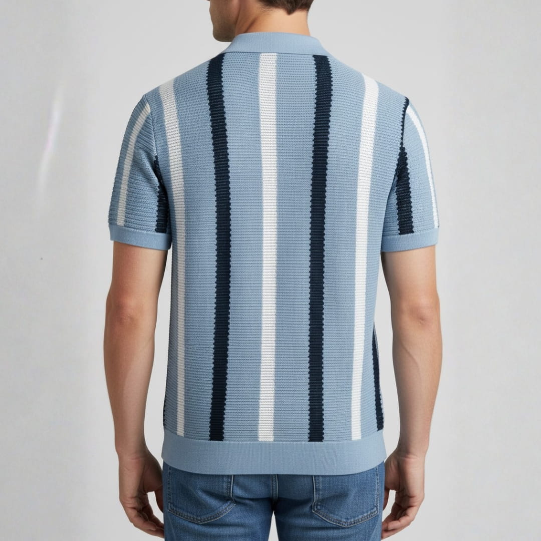 Riccardo Cotton Knit Polo Shirt — Textured Stripe Tailored Casual Top
