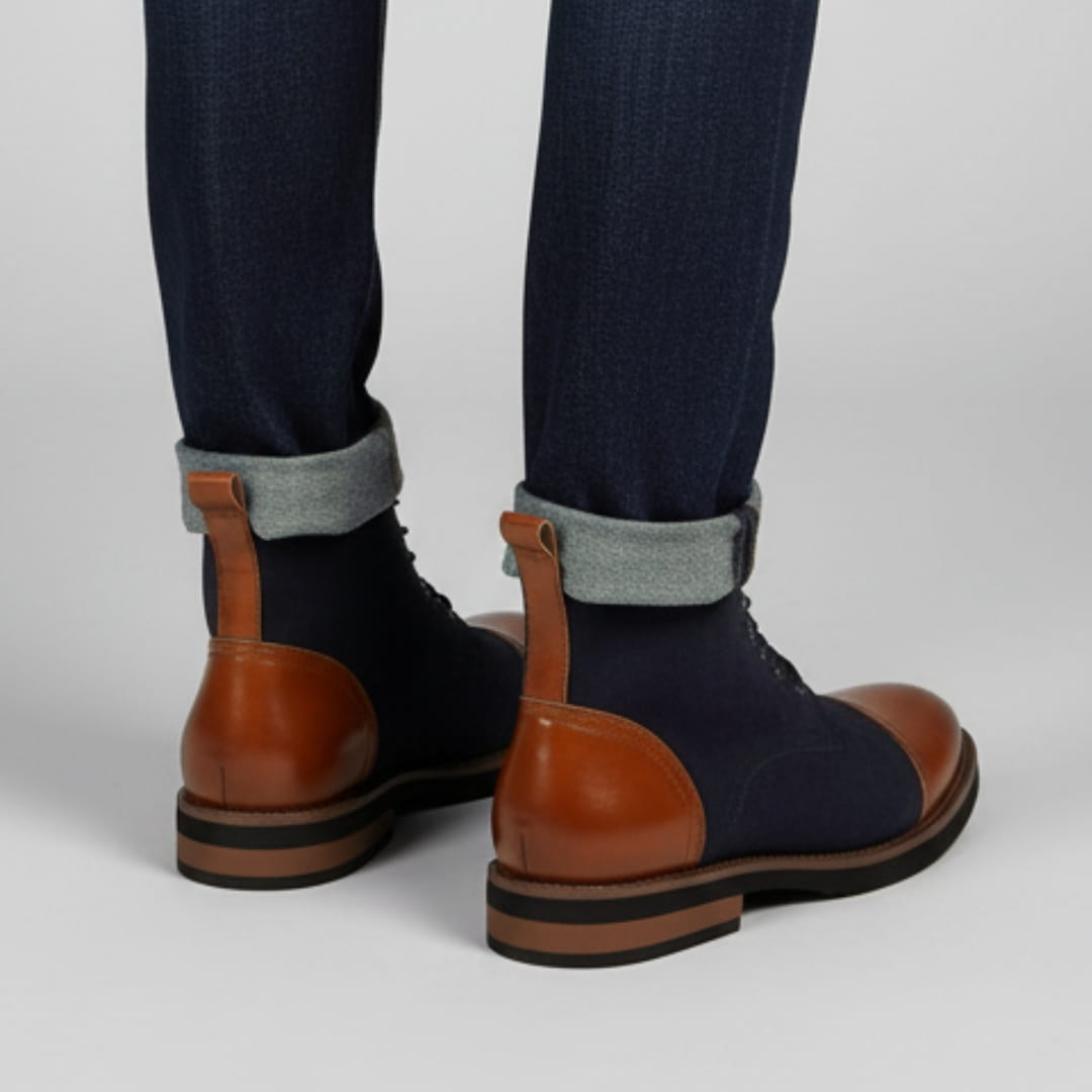 Vittorio Suede Cap-Toe Ankle Boots — Leather Panel Lace-Up Casual Dress Boots