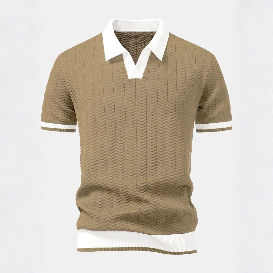 Jovani Textured Knit V-Neck Polo Shirt — V-Neck Tailored Casual Top