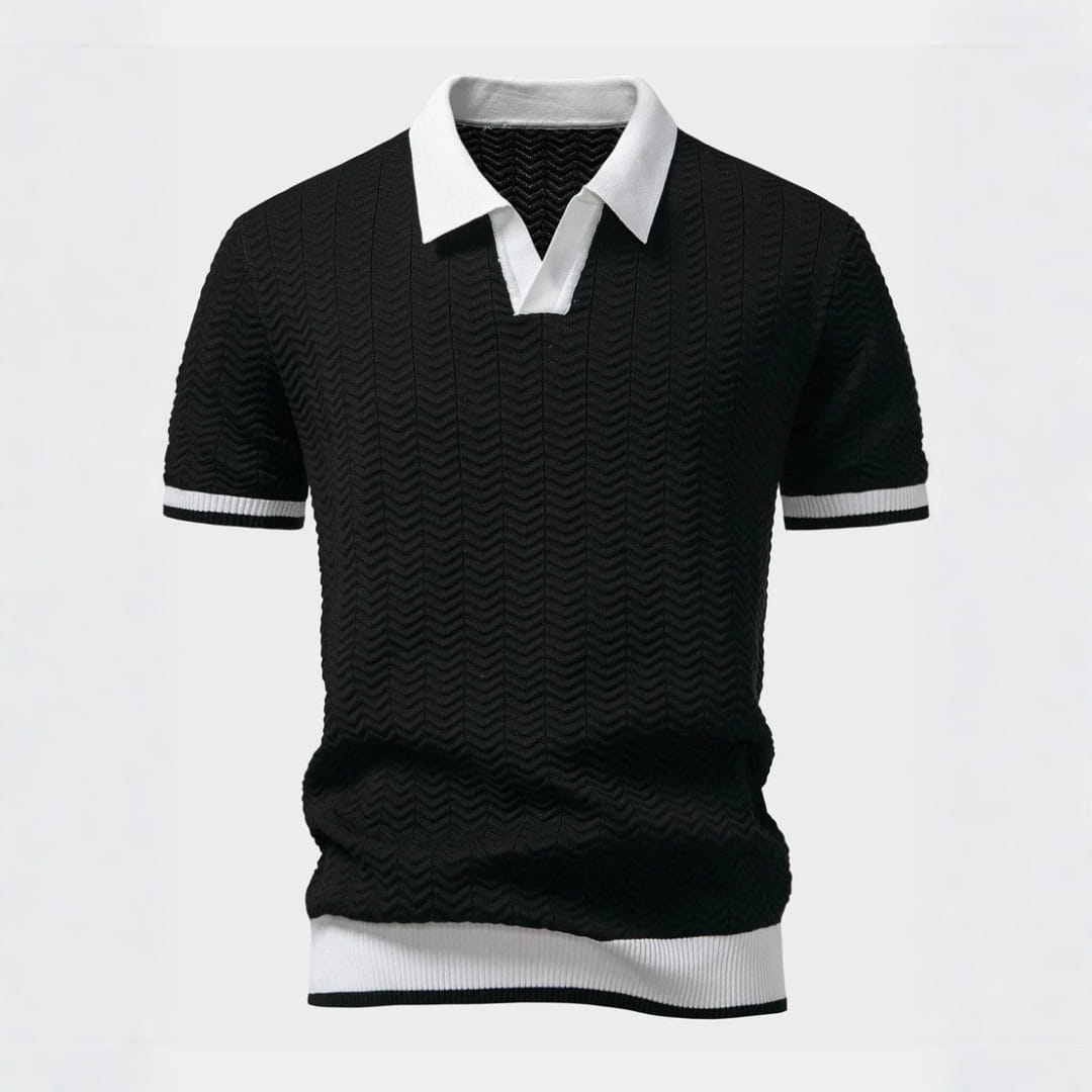 Jovani Textured Knit V-Neck Polo Shirt — V-Neck Tailored Casual Top