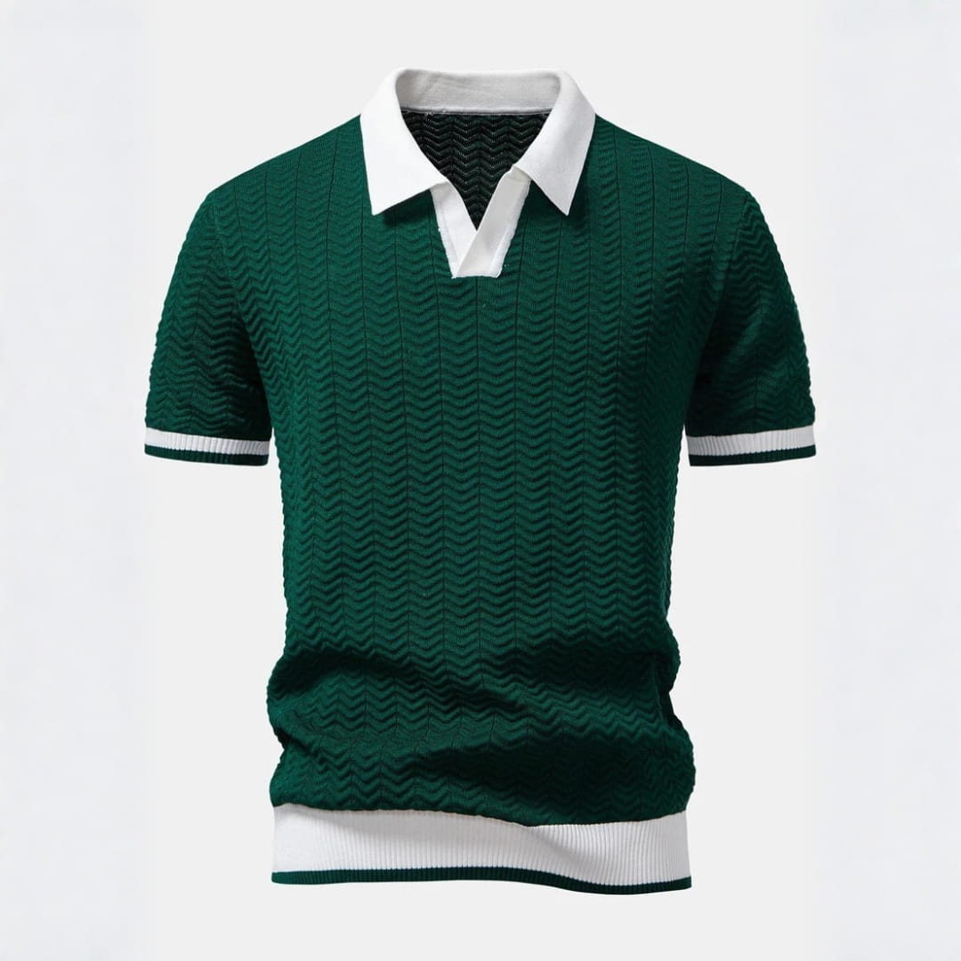 Jovani Textured Knit V-Neck Polo Shirt — V-Neck Tailored Casual Top