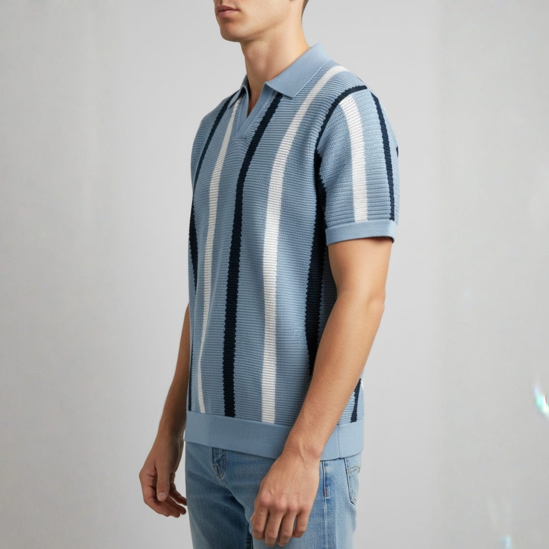 Riccardo Cotton Knit Polo Shirt — Textured Stripe Tailored Casual Top