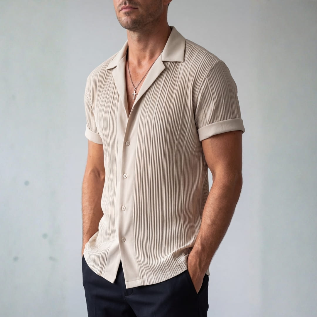 Nathaniel Satin Pleated Lapel Shirt — Short Sleeve Elegant Casual Top
