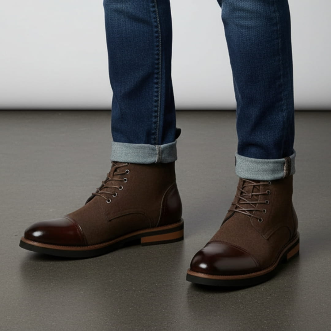 Vittorio Suede Cap-Toe Ankle Boots — Leather Panel Lace-Up Casual Dress Boots