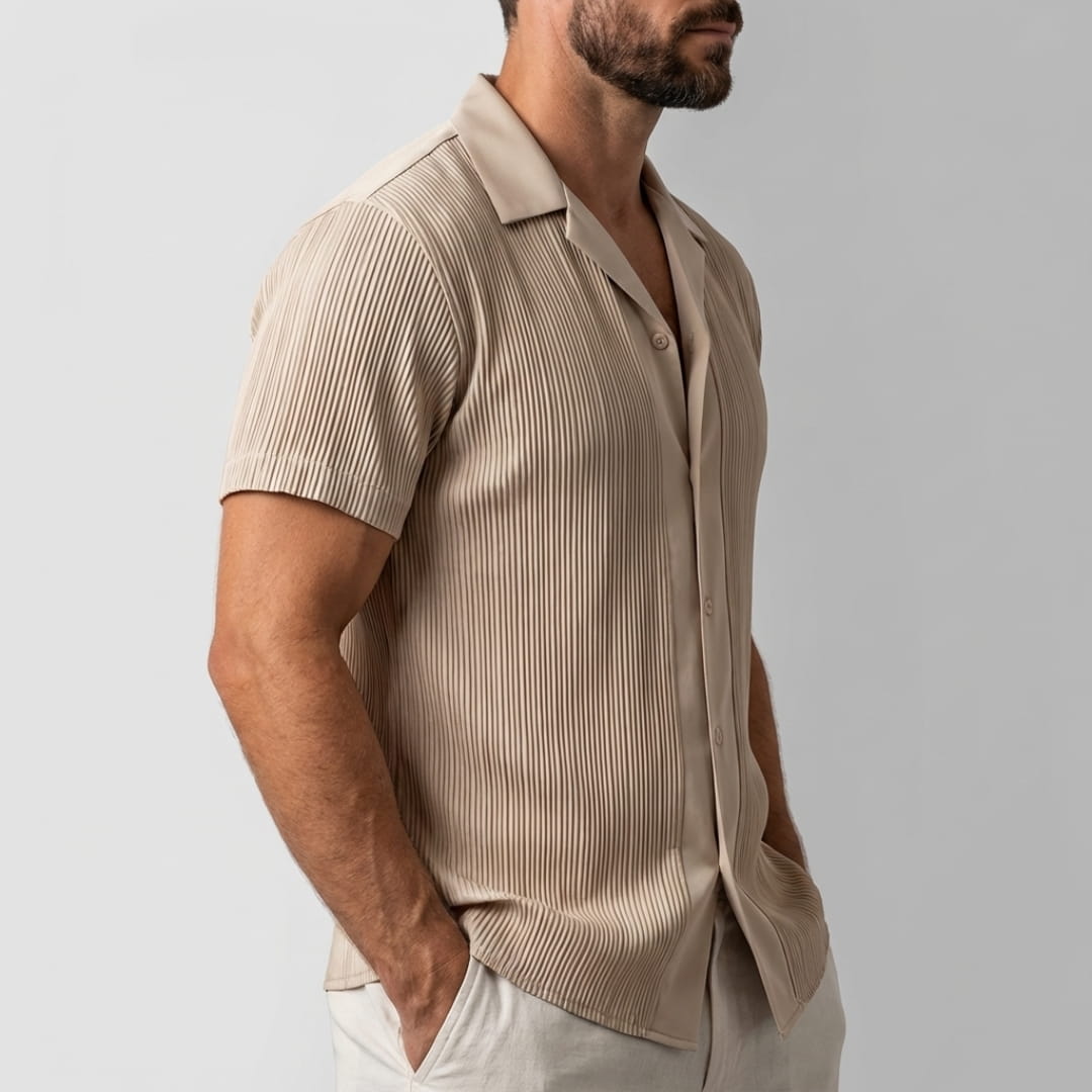 Nathaniel Satin Pleated Lapel Shirt — Short Sleeve Elegant Casual Top