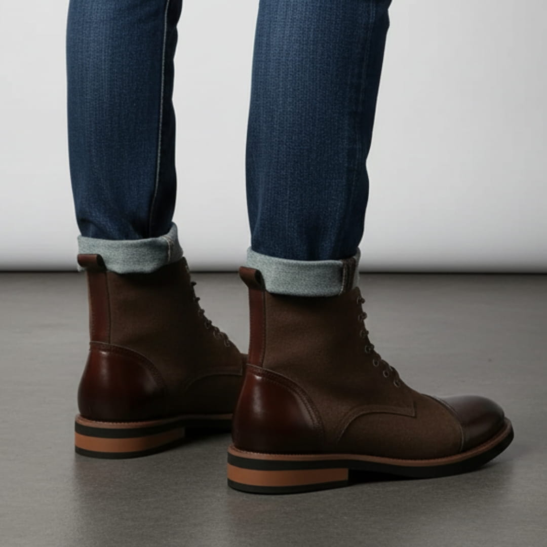 Vittorio Suede Cap-Toe Ankle Boots — Leather Panel Lace-Up Casual Dress Boots