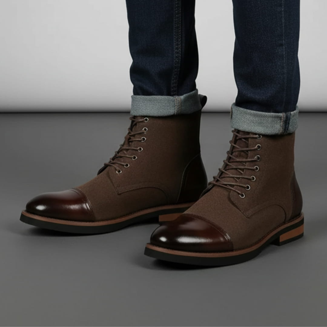 Vittorio Suede Cap-Toe Ankle Boots — Leather Panel Lace-Up Casual Dress Boots